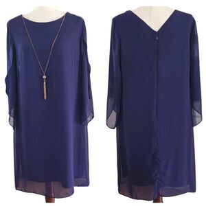 SLNY Fashion‎ Women's Lined Dress Size 12 Split Sleeve Necklace Shift Dress Blue